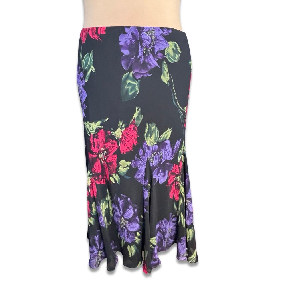 Vintage Chaps Black Floral Midi Skirt Purple Red Flared Hem Large Colorful Flowy